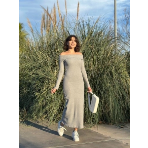 Madonna yaka uzun elbise şardonlu kumaş gri w3753