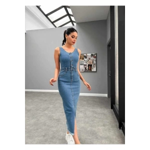 Mavi Likralı Kot Jile Elbise