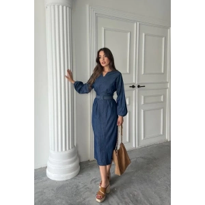 Mavi Tencel Uzun Kollu Elbise