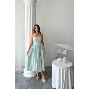 Mint Boyundan Bağlamalı Keten Elbise