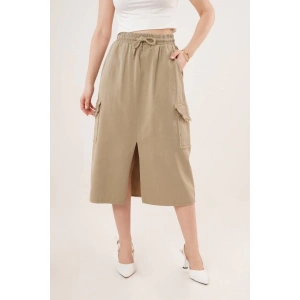 Ön Yırtmaçlı Cep Detaylı Haki Etek