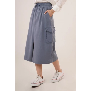 Ön Yırtmaçlı Cep Detaylı İndigo Etek