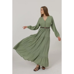 Önü Yarım Düğmeli Uzun Kol Kemerli Elbise - Haki