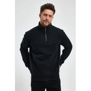 Oversize Yarım Farmuarlı Yakalı Basic SweatShirt - Siyah