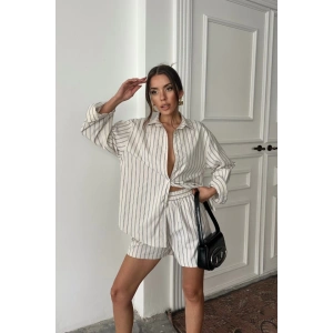 POPLİN ÇİZGİLİ GÖMLEK - ŞORT TAKIM - Bej