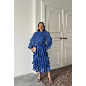 Saks Valonlu Şeritli Kat Kat Elbise