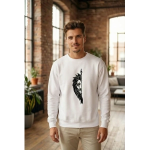 Sevgililer Günü Özel Bisiklet Yaka Aslan Baskılı Oversize Sweatshirt - Beyaz