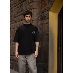 Unisex Bisiklet Yaka Baskılı Oversize T-Shirt - Siyah