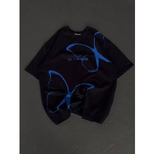 Unisex Bisiklet Yaka Baskılı Oversize T-Shirt - Siyah