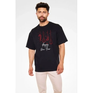 Unisex Bisiklet Yaka Baskılı Oversize T-Shirt - Siyah