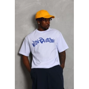 Unisex Oversize Baskılı Bisiklet Yaka T-Shirt - Beyaz