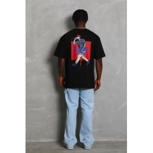 Unisex Oversize Baskılı Bisiklet Yaka T-Shirt - Siyah