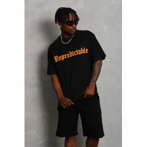 Unisex Oversize Baskılı Bisiklet Yaka T-Shirt - Siyah