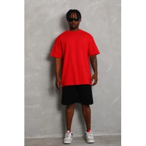Unisex Oversize Düz Bisiklet Yaka T-Shirt - Kırmızı