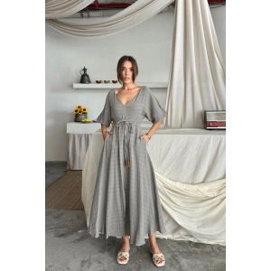 V YAKA BEL BONCUK BAĞLAMALI MÜSLİN ELBİSE YIRTMAÇ DETAYLI - Gri