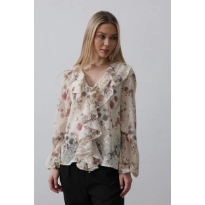 Volanlı Çiçek Desen Şifon Gömlek - Krem