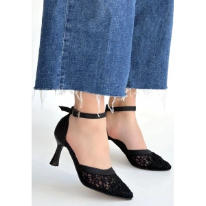 Weja Siyah Cilt Tül Detaylı Simli Topuklu Ayakkabı