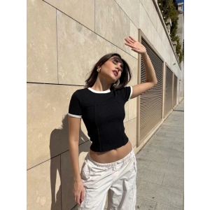 Yaka kol garnili ön parçalı bluz