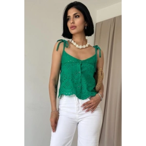 Yeşil Bağcıklı Brode Bluz