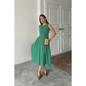 Yeşil Yanları Büzgülü Midi Boy Keten Elbise