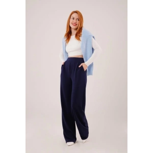 Yüksek Bel Bol Paça Krep Lacivert Pantolon
