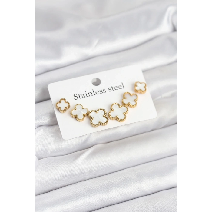 316L Çelik Gold Beyaz Renk 3 Boy Yonca Küpe Seti