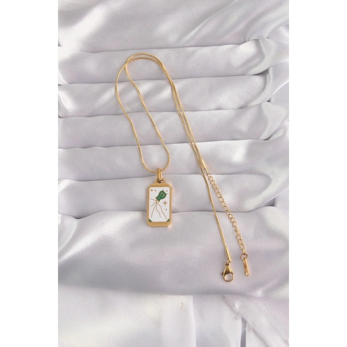 316L Çelik Gold Renk Beyaz Mineli Tarot Kolye