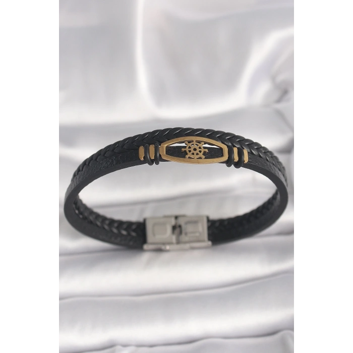 316L Çelik Gold Renk Gemi Dümen Figür Siyah Renk Çift Sıra Burgu Desenli Deri Kordon Erkek Bileklik