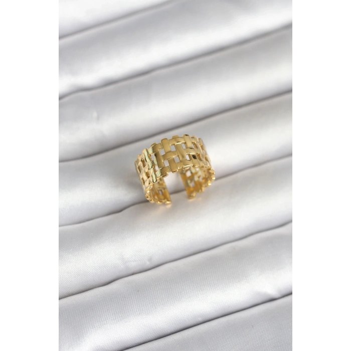 316L Çelik Gold Renk Hasır Model Kadın Yüzük