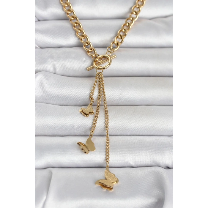 316L Çelik Gold Renk Kelebek Sallantılı Kadın Kolye