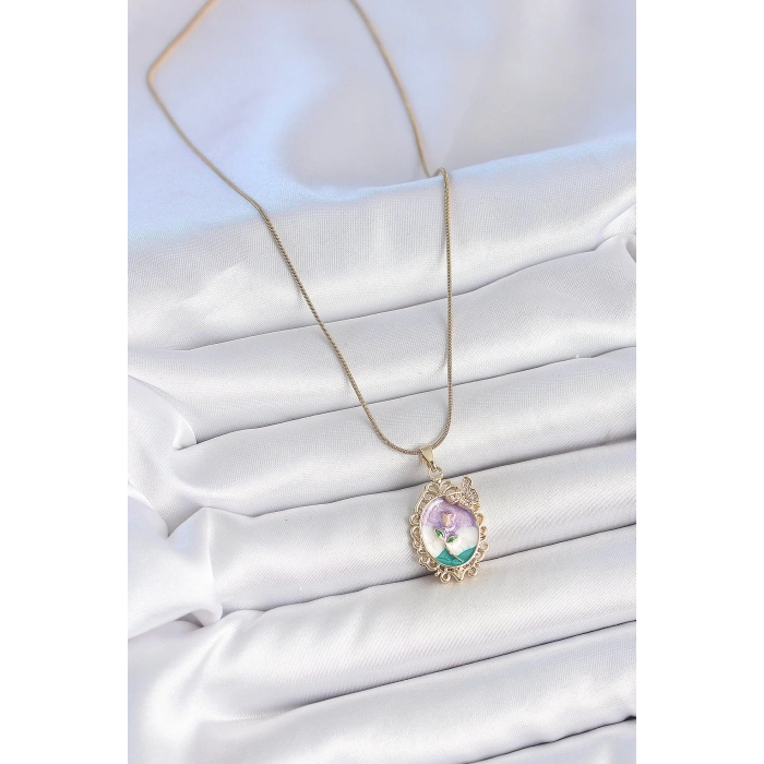 316L Çelik Gold Renk Zincir Mix Renk Mineli Çiçek İşlemeli Zirkon Taş Detaylı Portre Model Kadın Kolye