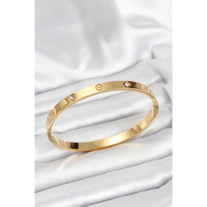 316L Çelik Gold Renk Zirkon Taşlı 65 mm Kadın Kelepçe Bileklik