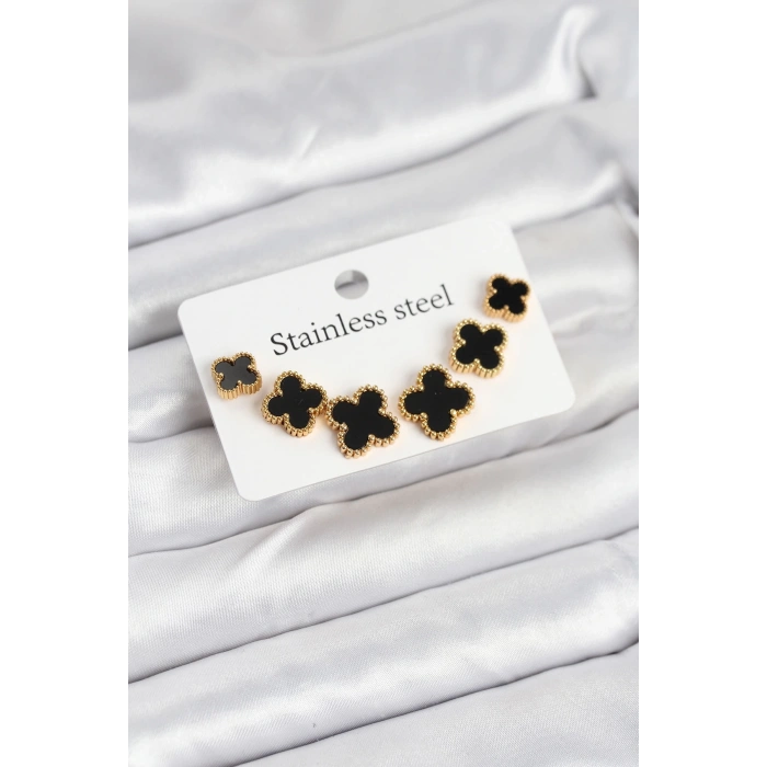 316L Çelik Gold Siyah Renk 3 Boy Yonca Küpe Seti