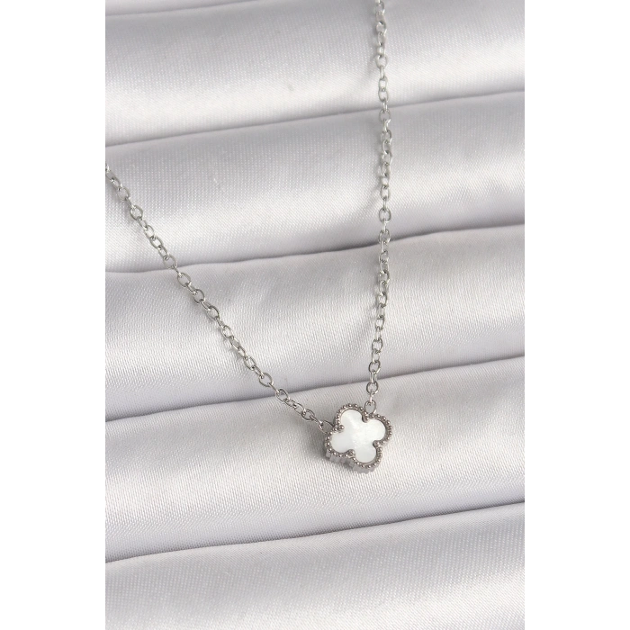 316L Çelik Gümüş Renk Beyaz Yonca Model Kadın Kolye