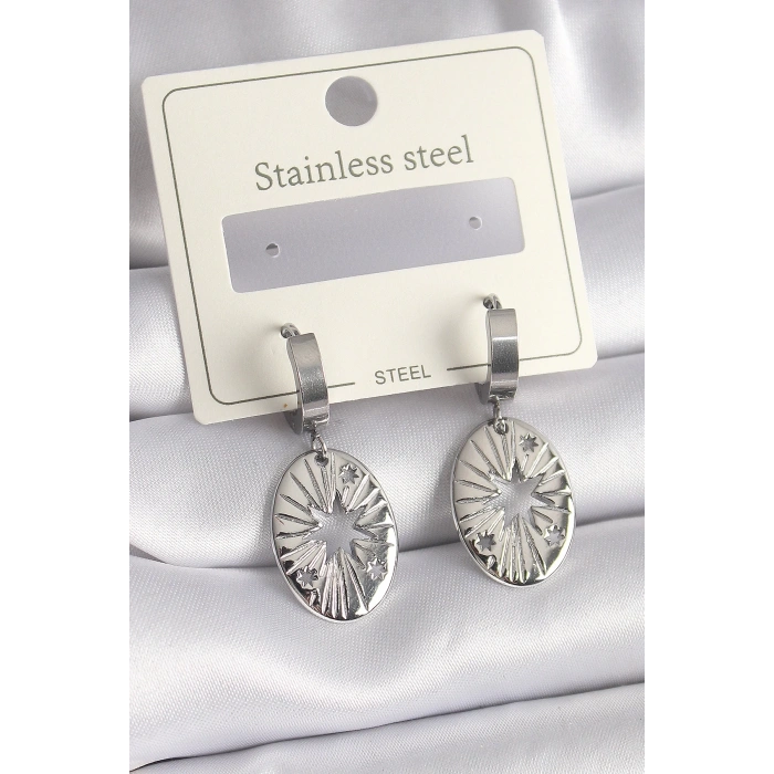 316L Çelik Gümüş Renk Kutup Yıldızı İşleme Kadın Küpe