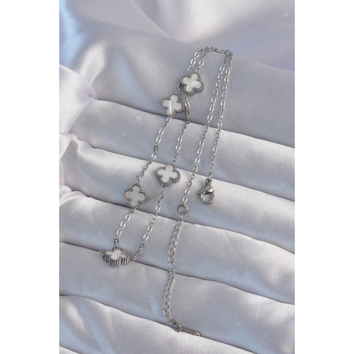 316L Çelik Gümüş Renk Minimal Beyaz Sedefli Yonca Kolye