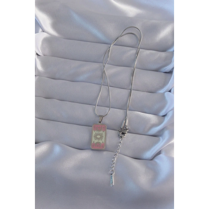 316L Çelik Gümüş Renk Pembe Mineli Ay Figür Tarot Kolye