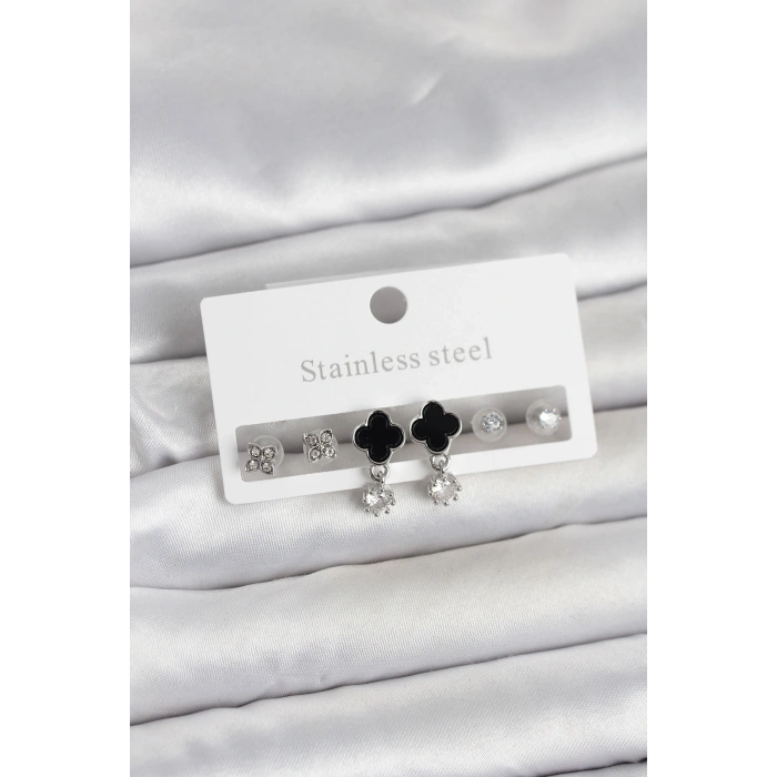 316L Çelik Gümüş Renk Yonca Detaylı Kadın Küpe Seti