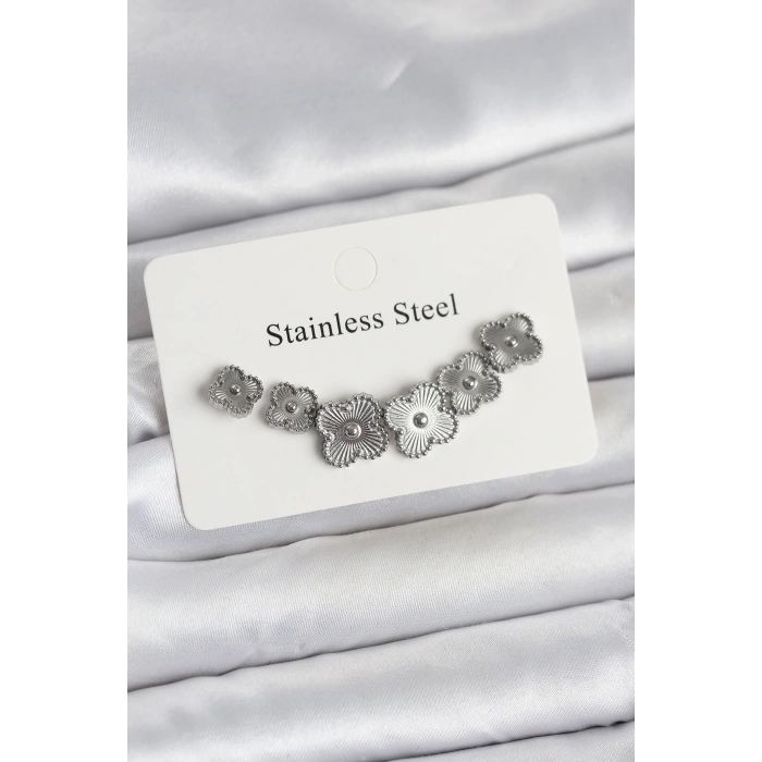 316L Çelik Gümüş Renk Yonca Küpe Seti