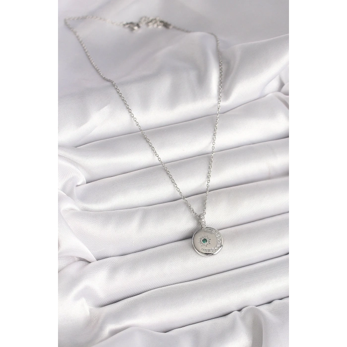 316L Çelik Gümüş Renk Zincir Madalyon Zirkon Taşlı İşlemeli Hilal Yıldız Model Kadın Kolye