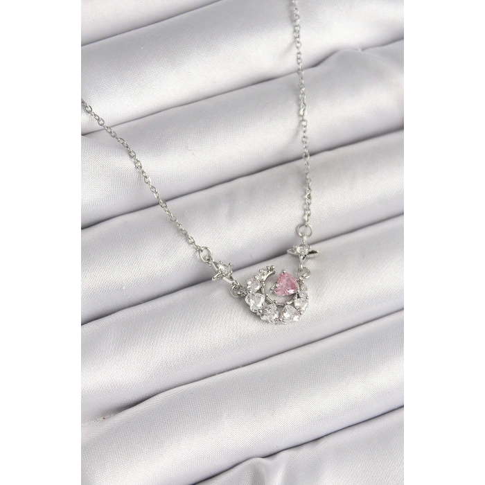 316L Çelik Gümüş Renk Zirkon Taşlı Hilal Pembe Kalp Model Kadın Kolye