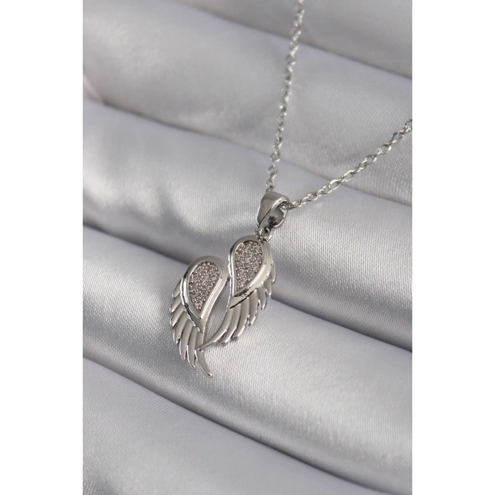 316L Çelik Gümüş Renk Zirkon Taşlı Kanat Model Kadın Kolye