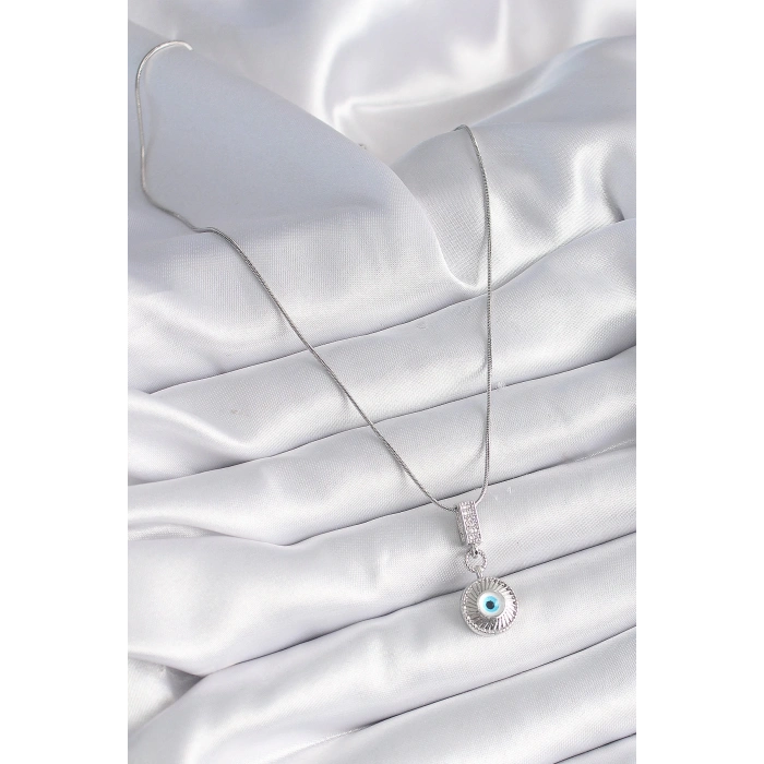 316L Çelik Gümüş Renk Zirkon Taşlı Nazar Boncuk Model Kadın Kolye