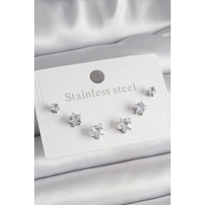 316L Çelik Gümüş Renk Zirkon Taşlı Yıldız Model Kadın Küpe Seti