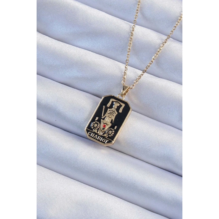 316L Çelik Zincir Altın Renk Siyah Mineli Tarot Kolye