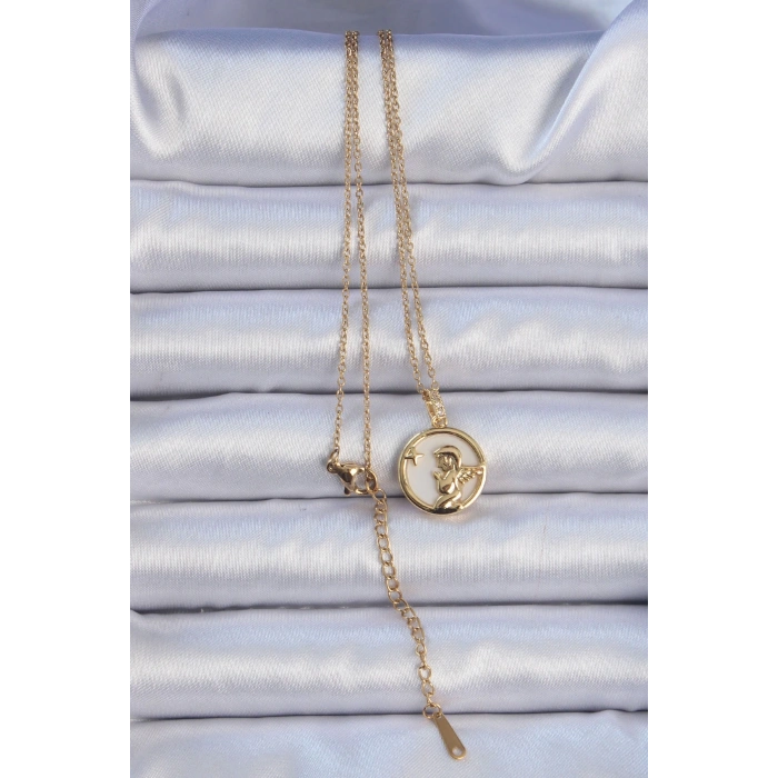 316L Çelik Zincir Altın Renk Zirkon Taşlı Mineli Melek Kolye