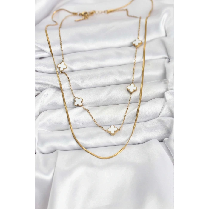 316L Çelik Zincir Gold Renk İtalyan Zincirli Yonca Model Kadın Kolye