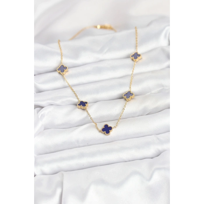 316L Çelik Zincir Gold Renk Lacivert Baby Boy Yonca Kadın Kolye