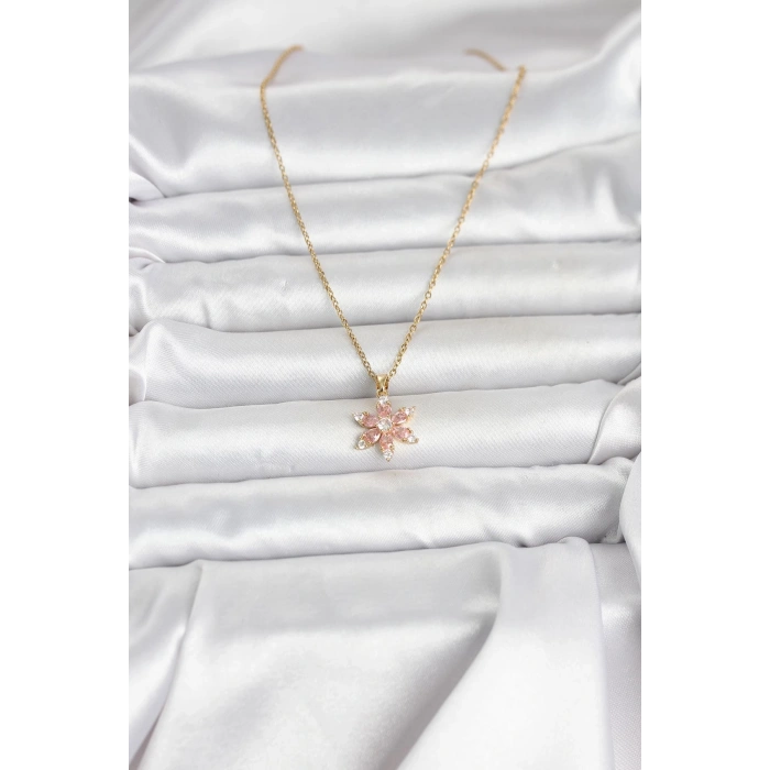 316L Çelik Zincir Gold Renk Pembe Lotus Model Kadın Kolye