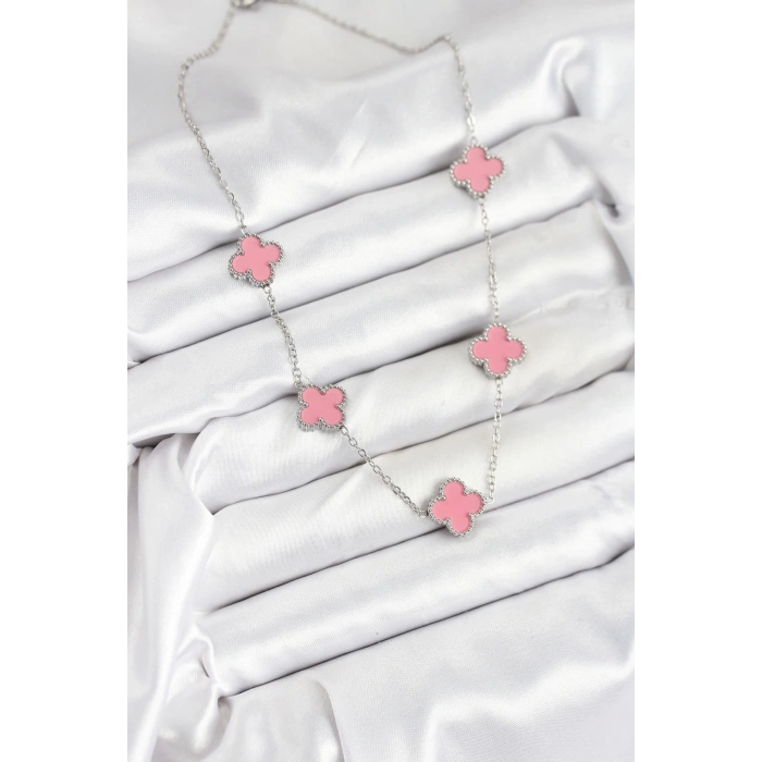 316L Çelik Zincir Gümüş Pembe Renk Yonca Kadın Kolye